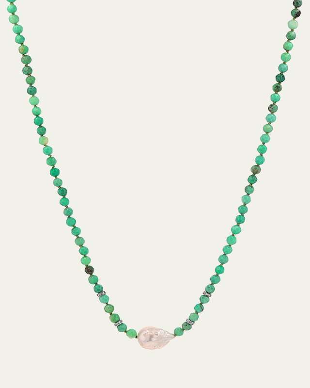 Chrysoprase Skinny Knotted Necklace with Baroque Pearl and 4 Pave Diamond Rondelles
